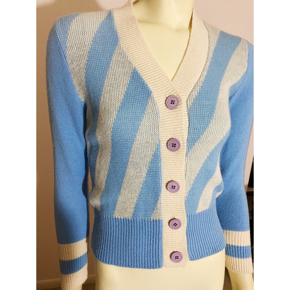 Vintage 60s Baby Blue Striped Cardigan Sweater